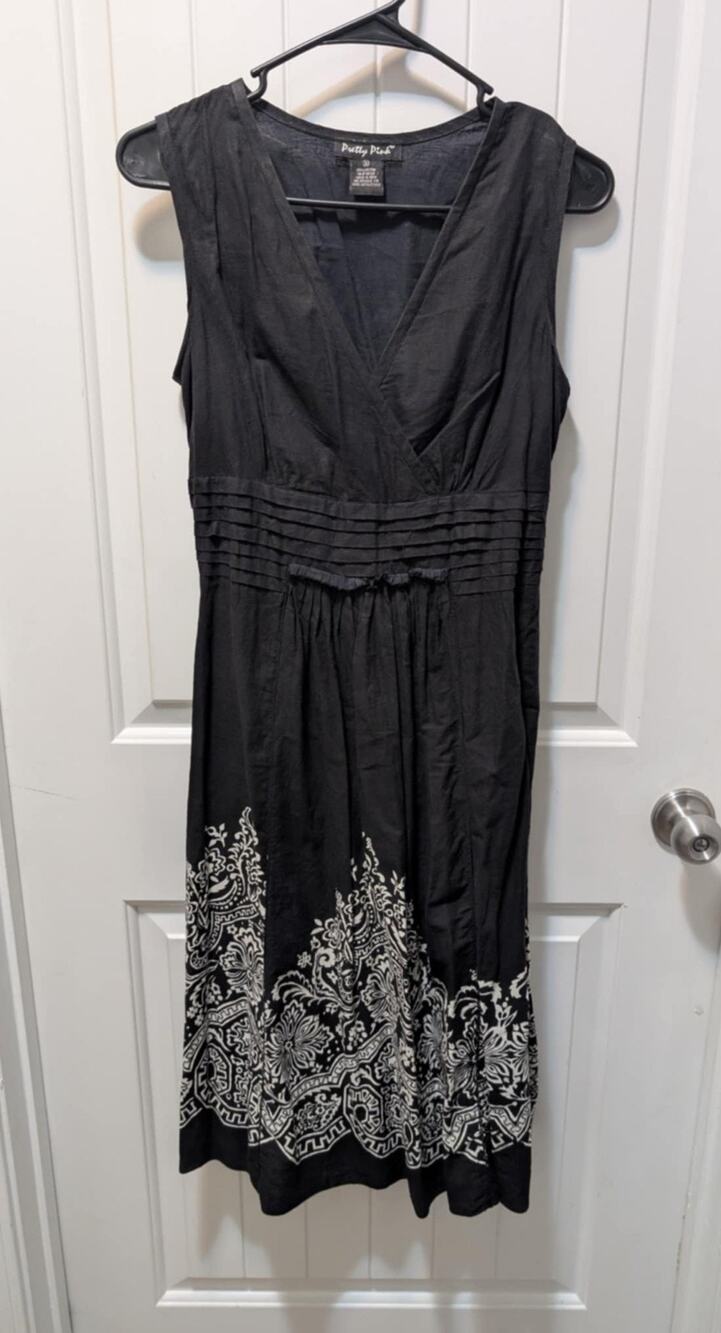 Pretty Pink Black White Floral Print Empire Casual Summer Work Dress Size S